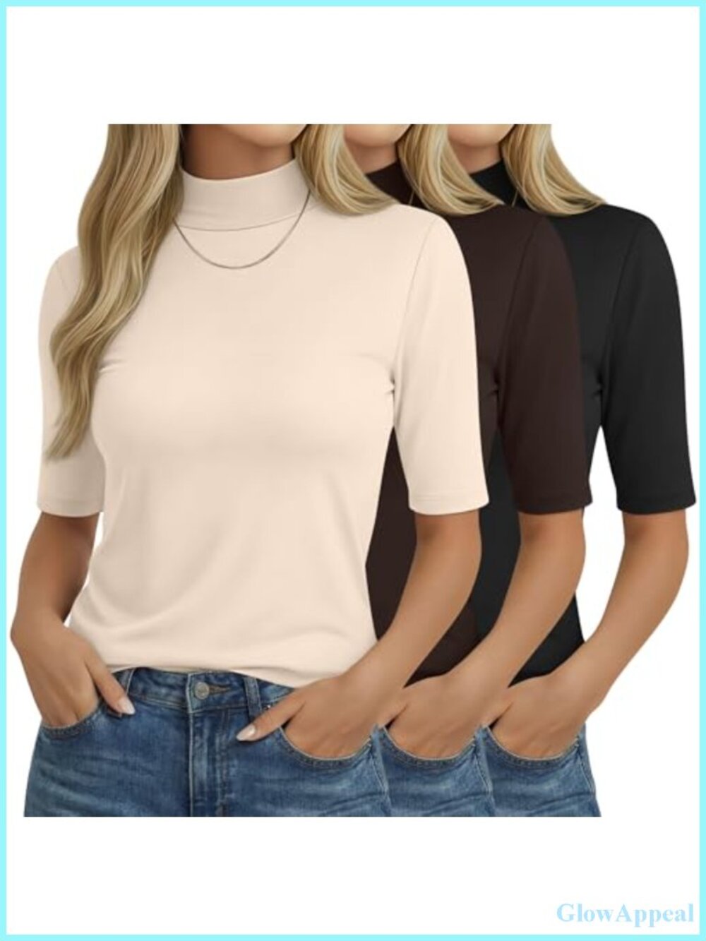 3 Pack Women's Mock Neck Half Sleeve T-Shirts Loose Fit Casual Tops